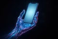 Futuristic glowing digital hand holding a smartphone in dark space, representing technology, innovation, artificial intelligence Royalty Free Stock Photo