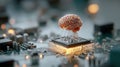 Futuristic glowing digital hologram of a brain emerging from a computer microchip. Concept of artificial intelligence Royalty Free Stock Photo