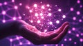 Futuristic glowing digital network sphere in human hand symbolizing artificial intelligence, data technology, and innovation. Royalty Free Stock Photo