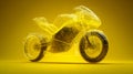 Futuristic glowing digital wireframe concept of a sleek motorcycle design with dynamic lighting on a vibrant yellow background for Royalty Free Stock Photo