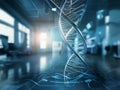 A futuristic, glowing DNA helix model stands in a modern lab setting, suggesting advanced genetic re