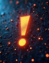 Futuristic glowing exclamation mark symbol over circuit board. Represents tech alerts, warnings, software errors on modern Royalty Free Stock Photo