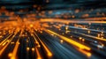 Futuristic glowing fiber optic cables in vibrant orange and blue tones creating a dynamic digital network visualization with depth Royalty Free Stock Photo