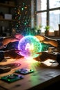 Hands Holding Futuristic AI Globe with Digital Network Lights Royalty Free Stock Photo
