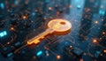 Futuristic glowing golden digital key unlocking future. High tech environment, innovative security solution in digital age.