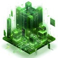 Futuristic glowing green abstract digital city architecture with data streams Royalty Free Stock Photo