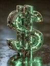 Futuristic glowing green digital circuit dollar symbol made of transparent material standing on reflective surface representing Royalty Free Stock Photo