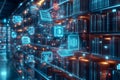 Futuristic Glowing High Tech Library with Floating Digital Icons and Holograms Royalty Free Stock Photo