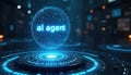 Futuristic glowing holographic AI agent sphere displays ai agent text over high tech digital platform. Represents advanced Royalty Free Stock Photo