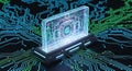 Futuristic glowing holographic data interface emanating from a device on digital circuitry Royalty Free Stock Photo