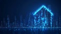 Futuristic glowing house with blue neon lines forming a cybernetic grid structure, symbolizing digital architecture, IoT techno