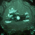 A futuristic, glowing hover bike levitates in an enigmatic forest. The vehicle features a Royalty Free Stock Photo