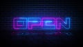 Futuristic Glowing Light Red And Blue Open Text Lettering Neon Signs With Reflection Light On The Floor On Dark Blue Brick Wall Royalty Free Stock Photo