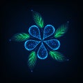 Futuristic glowing low poly flower and green leaves made of lines, dots, stars, triangles. Royalty Free Stock Photo