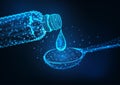 Futuristic glowing low poly medicine bottle, liquid drop and dosage spoon on dark blue background. Royalty Free Stock Photo