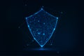 Futuristic Glowing Low-Poly Shield Symbol on Dark Blue BackgroundFuturistic Glowing Low-Poly Shield Symbol on Dark Blue Background Royalty Free Stock Photo