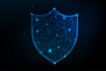 Futuristic Glowing Low-Poly Shield Symbol on Dark Blue BackgroundFuturistic Glowing Low-Poly Shield Symbol on Dark Blue Background Royalty Free Stock Photo