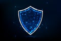 Futuristic Glowing Low-Poly Shield Symbol on Dark Blue BackgroundFuturistic Glowing Low-Poly Shield Symbol on Dark Blue Background Royalty Free Stock Photo