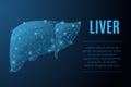 Futuristic glowing low polygonal anatomic model of human liver made of stars, lines, dots, triangles isolated on dark