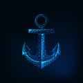 Futuristic glowing low polygonal anchor icon isolated on dark blue background.