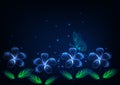 Futuristic glowing low polygonal beautiful flowers and butterfly at night landscape