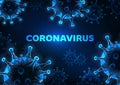 Futuristic glowing low polygonal coronavirus cells banner on dark blue background.