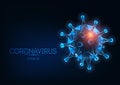 Futuristic glowing low polygonal Coronavirus covid-19 cell isolated on dark blue background. Royalty Free Stock Photo