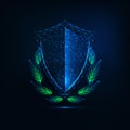 Futuristic glowing low polygonal crest shield with green Laurel wreath on dark blue background.