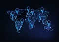 Futuristic glowing low polygonal earth map with GPS location signs on dark blue background.