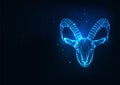 Futuristic glowing low polygonal goat, mouflon protrait, capricorn isolated on dark blue
