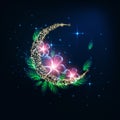 Futuristic glowing low polygonal golden crescent moon decorated with pink flowers and green leaves