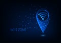 Futuristic glowing low polygonal gps and wifi symbols isolated on dark blue background.