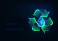 Futuristic glowing low polygonal green recycle sign with water drop on dark blue background.