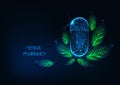 Futuristic glowing low polygonal herbal pharmacy concept with capsule pill and green leaves.