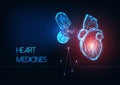 Futuristic glowing low polygonal human heart and capsule pills medications on dark blue background.