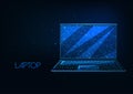 Futuristic glowing low polygonal laptop isolated on dark blue background.