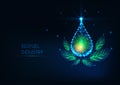 Futuristic glowing low polygonal liquid oil drop and green leaves on dark blue background.