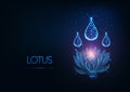 Futuristic glowing low polygonal lotus water lily flower with water drops in dark blue background. Royalty Free Stock Photo