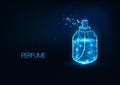 Futuristic glowing low polygonal perfume spray bottle isolated on dark blue background.