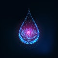 Futuristic glowing low polygonal pink lotus flower inside of water drop on dark blue background. Royalty Free Stock Photo