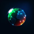 Futuristic glowing low polygonal planet Earth globe map with orange and green spots Royalty Free Stock Photo