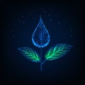 Futuristic glowing low polygonal plant made of water drop as a flower and green leaves Royalty Free Stock Photo