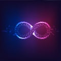Futuristic glowing low polygonal purple to blue infinity symbol isolated on dark background.