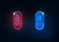 Futuristic glowing low polygonal red and blue medicines capsules isolated on dark blue background.