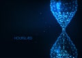 Futuristic glowing low polygonal sand glass, hourglass isolated on dark blue background.