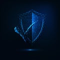 Futuristic glowing low polygonal security shield with approval check mark on dark blue background.
