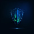 Futuristic glowing low polygonal shield with green leaves isolated on dark blue background
