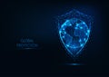 Futuristic glowing low polygonal shield and planet earth globe map isolated on dark blue background Royalty Free Stock Photo