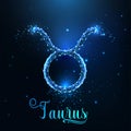 Futuristic glowing low polygonal Taurus zodiac sign concept on dark blue background.