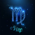 Futuristic glowing low polygonal Virgo zodiac sign concept on dark blue background.
